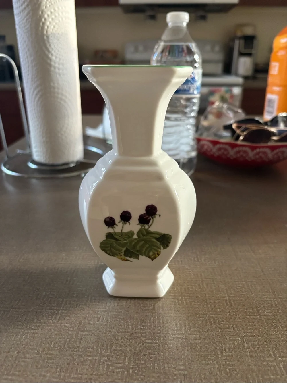 White Ceramic Bird Motif Accent Vase with Green Rim